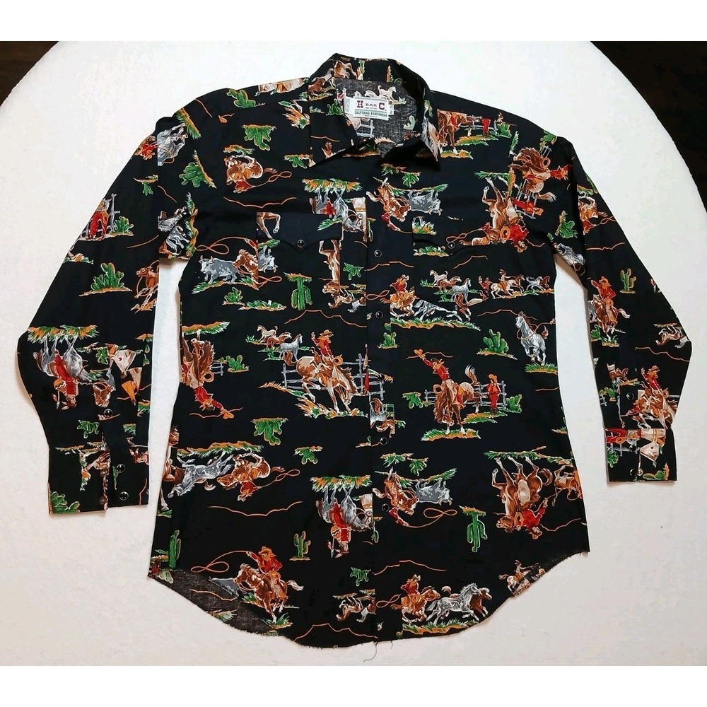 Vtg 70s H Bar C California Ranchwear Rodeo Cowboy Print Pearl Snap Shirt 16.5 L
